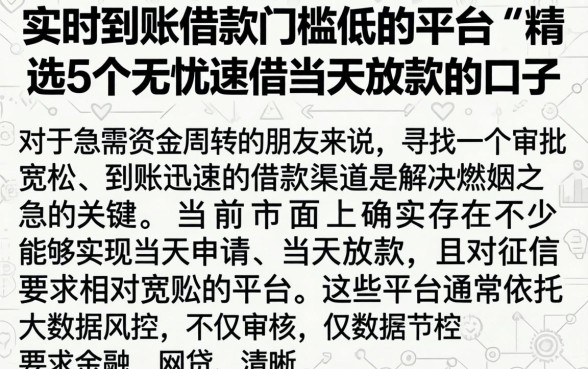实时到账借款门槛低的平台,精选5个无忧速借当天放款的口子