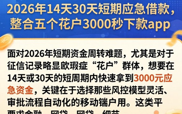 2026年14天30天短期应急借款，整合五个花户3000秒下款app