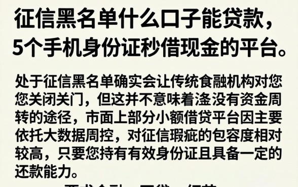 征信黑名单什么口子能贷款，详细阐述5个手机身份证秒借现金的平台