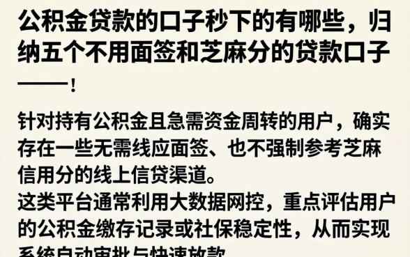 公积金贷款的口子秒下的有哪些,归纳五个不用面签和芝麻分的贷款口子