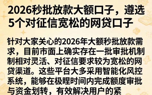 2026秒批放款大额口子，遴选5个对征信宽松的网贷口子
