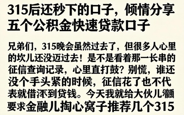 315后还秒下的口子，倾情分享五个公积金快速贷款口子