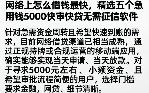 网络上怎么借钱最快，精选五个急用钱5000快审快贷无需征信软件