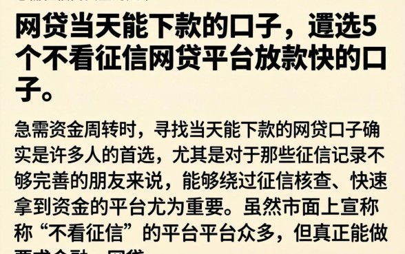 网贷当天能下款的口子,遴选5个不看征信网贷平台放款快的口子