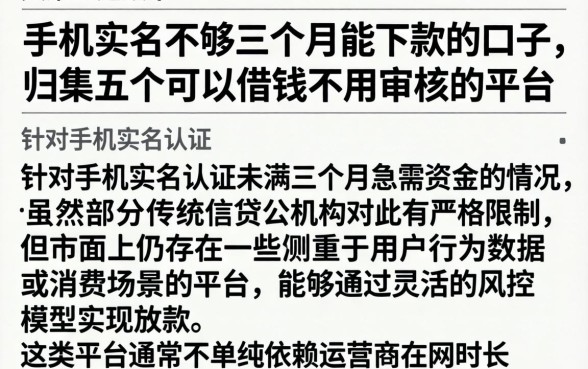 手机实名不够三个月能下款的口子，归集五个可以借钱不用审核的平台