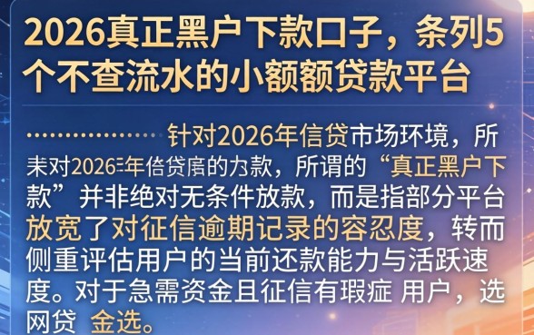 2026真正黑户下款口子，条列5个不查流水的小额度贷款平台