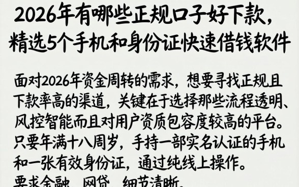 2026年有哪些正规口子好下款,精选5个手机和身份证快速借钱软件