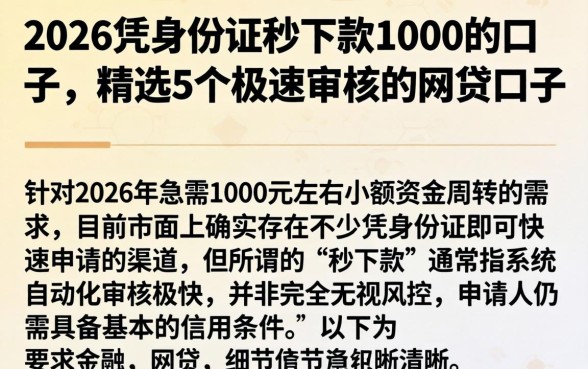 2026凭身份证秒下款1000的口子，精选5个极速审核的网贷口子