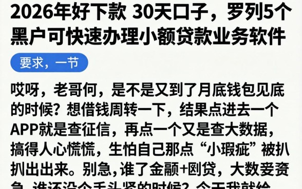 2026年好下款的30天口子，罗列5个黑户可快速办理小额贷款业务的软件