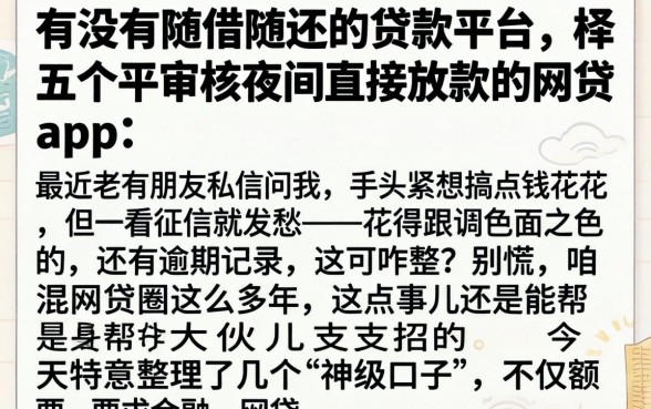 有没有随借随还的贷款平台，枚举五个不审核夜间直接放款的网贷app