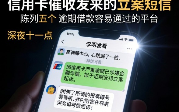 信用卡催收发来的立案短信，陈列五个有逾期借款容易通过的平台