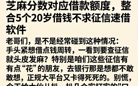 芝麻分数对应借款额度，整合5个20岁借钱不求征信速借软件