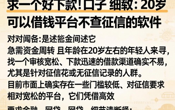 求一个好下款的口子，细致阐述五个20岁可以借钱平台不查征信的软件