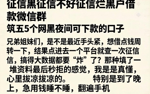 征信黑征信不好征信烂黑户借款微信群，规整5个网黑夜间可下款的口子