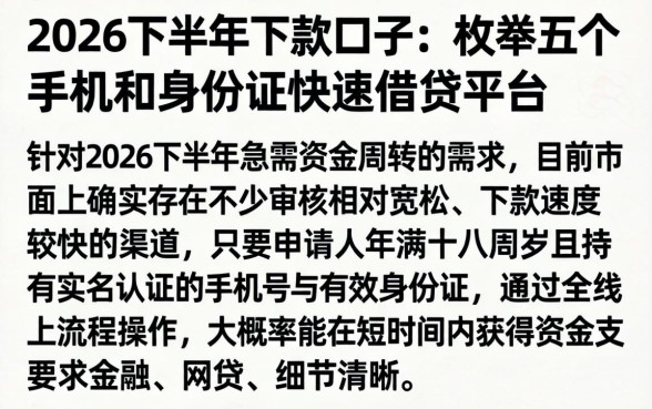2026下半年下款的口子，枚举五个手机和身份证快速借钱平台