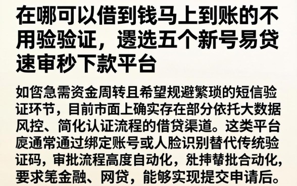 在哪可以借到钱马上到账的不用验证码，遴选五个新号易贷速审秒下款平台