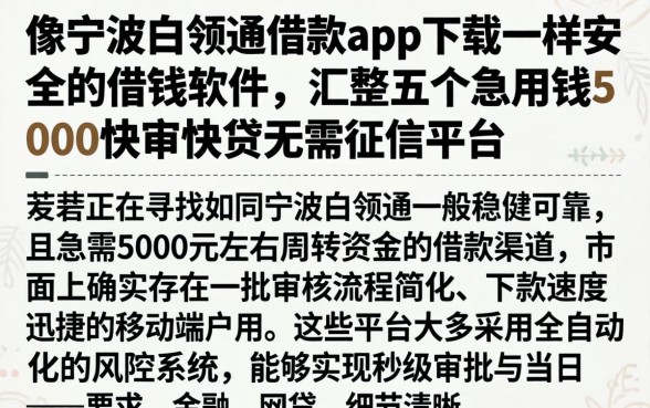 像宁波白领通借款app下载一样安全的借钱软件，汇整五个急用钱5000快审快贷无需征信平台