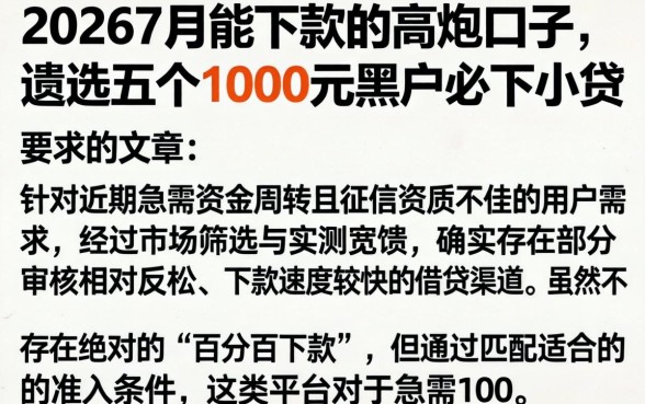 20267月能下款的高炮口子，遴选五个1000元黑户必下小贷