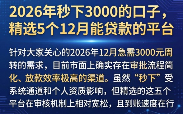 2026年秒下3000的口子，精选5个12月能贷款的平台