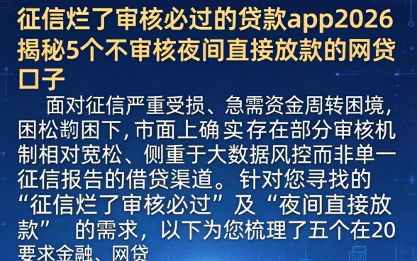 征信烂了审核必过的贷款app2026，揭秘5个不审核夜间直接放款的网贷口子