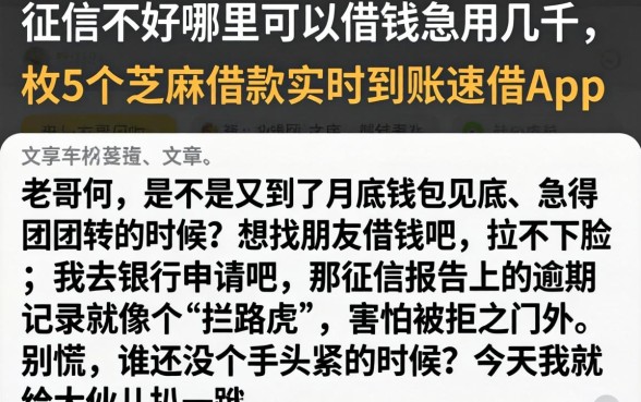 征信不好哪里可以借钱急用几千，枚举5个芝麻借款实时到账速借app