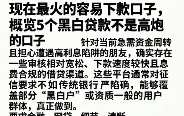 现在最火的容易下款的口子，概览5个黑白贷款不是高炮的口子