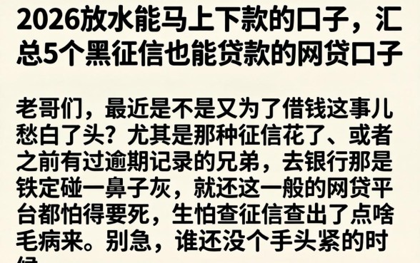 2026放水能马上下款的口子，汇总5个黑征信也能贷款的网贷口子