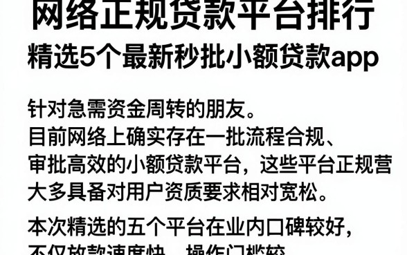 网络正规贷款平台排行，精选5个最新秒批小额贷款app