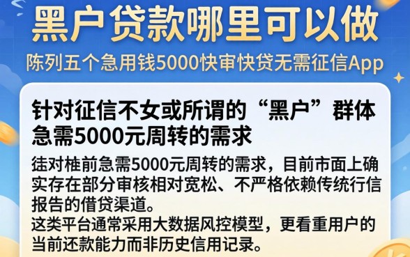 黑户贷款哪里可以做，陈列五个急用钱5000快审快贷无需征信app