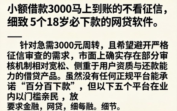 小额借款3000马上到账的不看征信，细致阐述5个18岁必下款的网贷软件