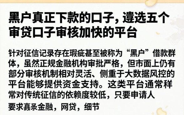 黑户真正下款的口子,遴选五个审贷口子审核加快的平台