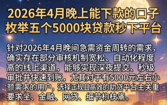 2026年4月晚上能下款的口子，枚举五个5000块贷款秒下平台