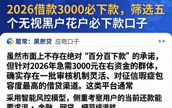 2026借款3000必下款，筛选五个无视黑户花户必下款口子