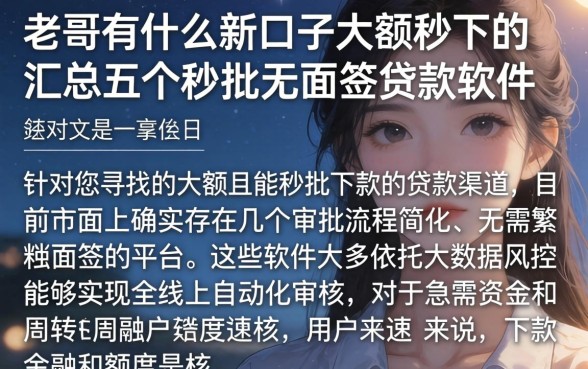 老哥有什么新口子大额秒下的，汇总五个秒批无面签贷款软件