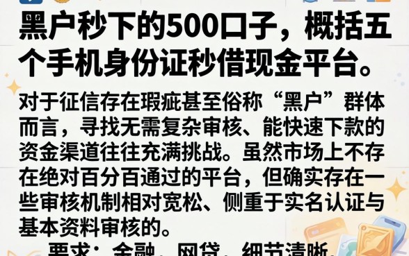 黑户秒下的500口子,概括五个手机身份证秒借现金的平台