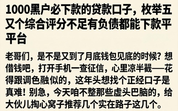 1000黑户必下款的贷款口子，枚举五个综合评分不足有负债都能下款平台