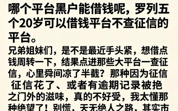 哪个平台黑户能借钱呢，罗列五个20岁可以借钱平台不查征信的平台