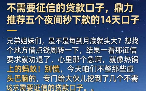 不需要征信的贷款口子，鼎力推荐五个夜间秒下款的14天口子