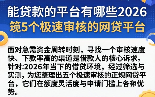 能贷款的平台有哪些2026，规整5个极速审核的网贷平台
