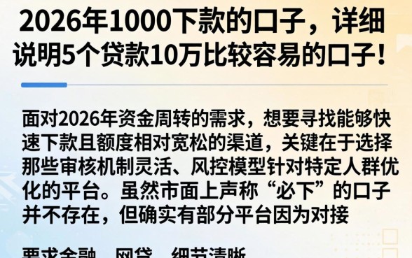 2026年1000下款的口子,详尽说明5个贷款10万比较容易的口子