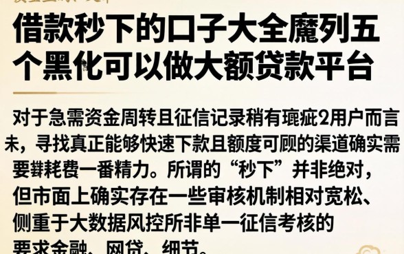 借款秒下的口子大全，胪列五个黑户可以做大额贷款平台