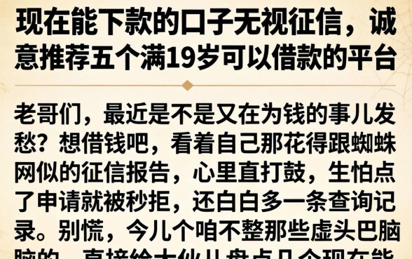 现在能下款的口子无视征信，诚意推荐五个满19岁可以借款的平台
