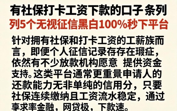 有社保打卡工资下款的口子，条列5个无视征信黑白100%秒下平台