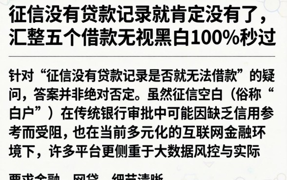 征信没有贷款记录就肯定没有了,汇整五个借款无视黑白100%秒过