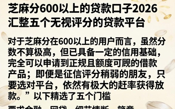 芝麻分600以上的贷款口子2026,汇整五个无视评分的贷款平台