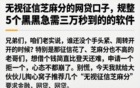 无视征信芝麻分的网贷口子,规整5个黑户急需三万秒到的的软件