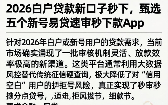 2026白户贷款新口子秒下，甄选五个新号易贷速审秒下款app