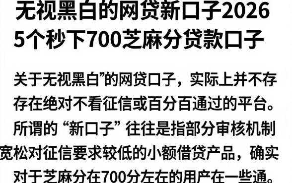 无视黑白的网贷新口子2026,归纳5个秒下700芝麻分贷款口子