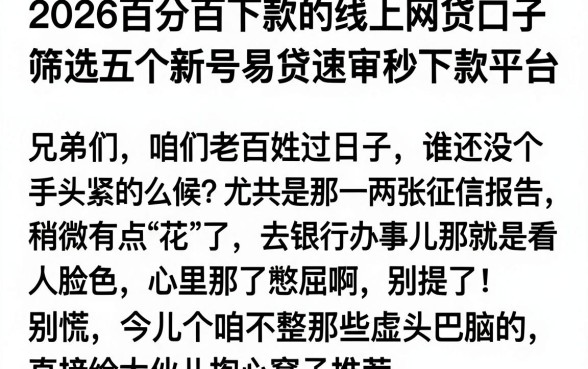 2026百分百下款的线上网贷口子,筛选五个新号易贷速审秒下款平台