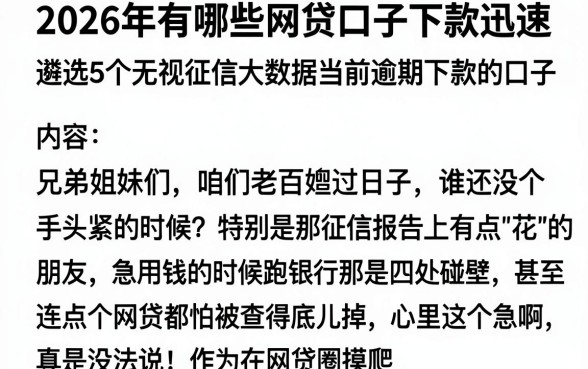 2026年有哪些网贷口子下款迅速,遴选5个无视征信大数据当前逾期下款的口子